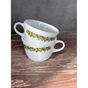 Pyrex Vintage‎ Milk Glass Coffee Cups Green Floral Pattern Set of 2 Crazy Daisy